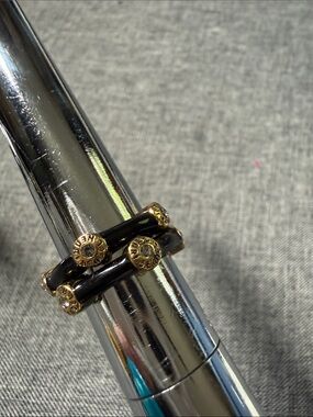 henri bendel black & gold link rings - Set of 2; branded logo with crystal sz 5
